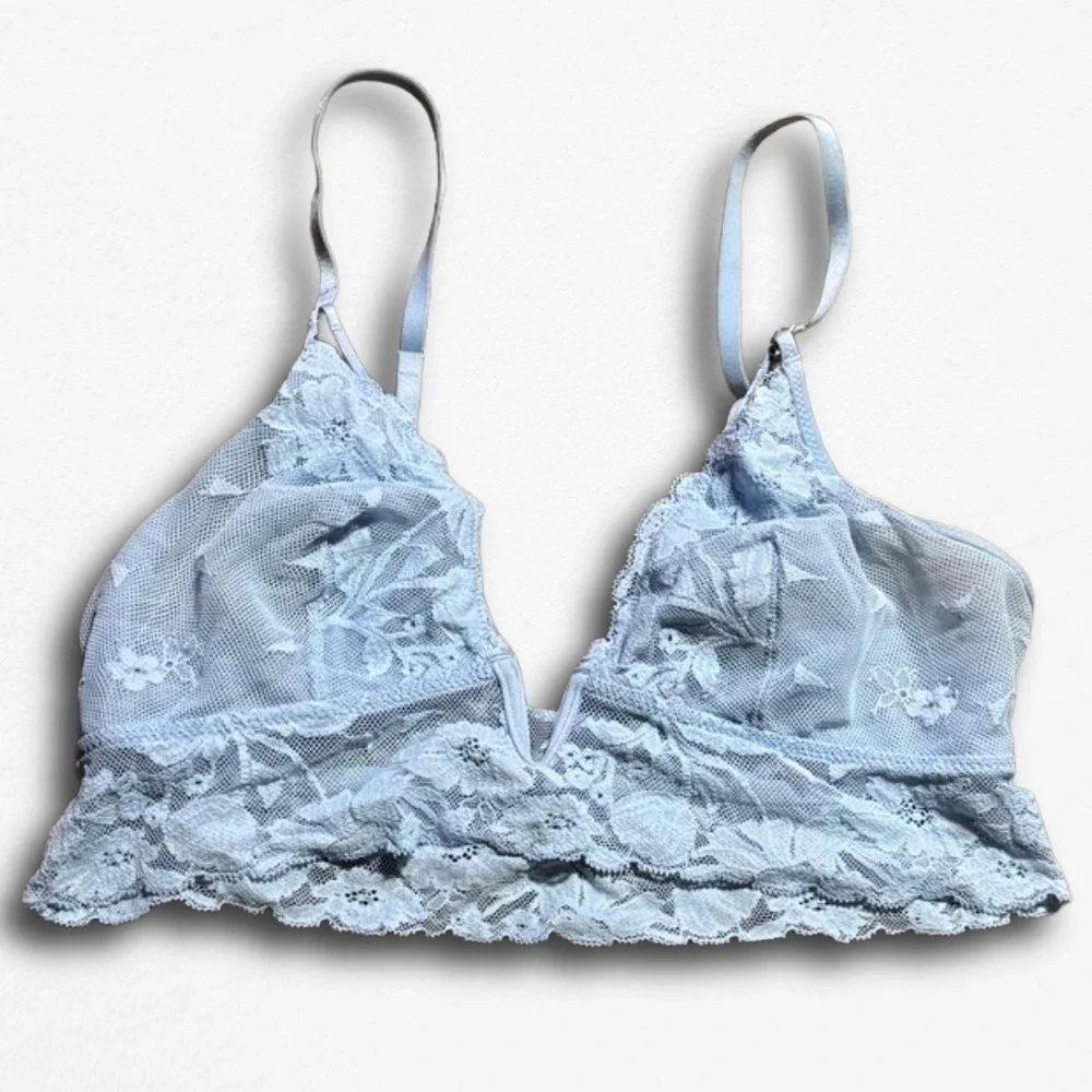 Aerie Light Blue Floral Lace Bralette‎ V-Neck Mesh Adjustable Straps Small